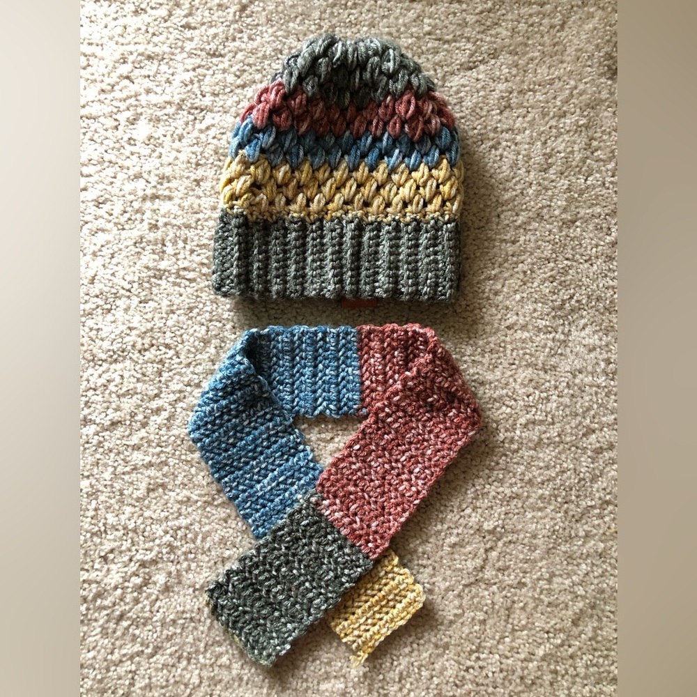 Colorful Knit Winter Beanie and Scarf Set for Kids Handmade Neutral Colors Warm